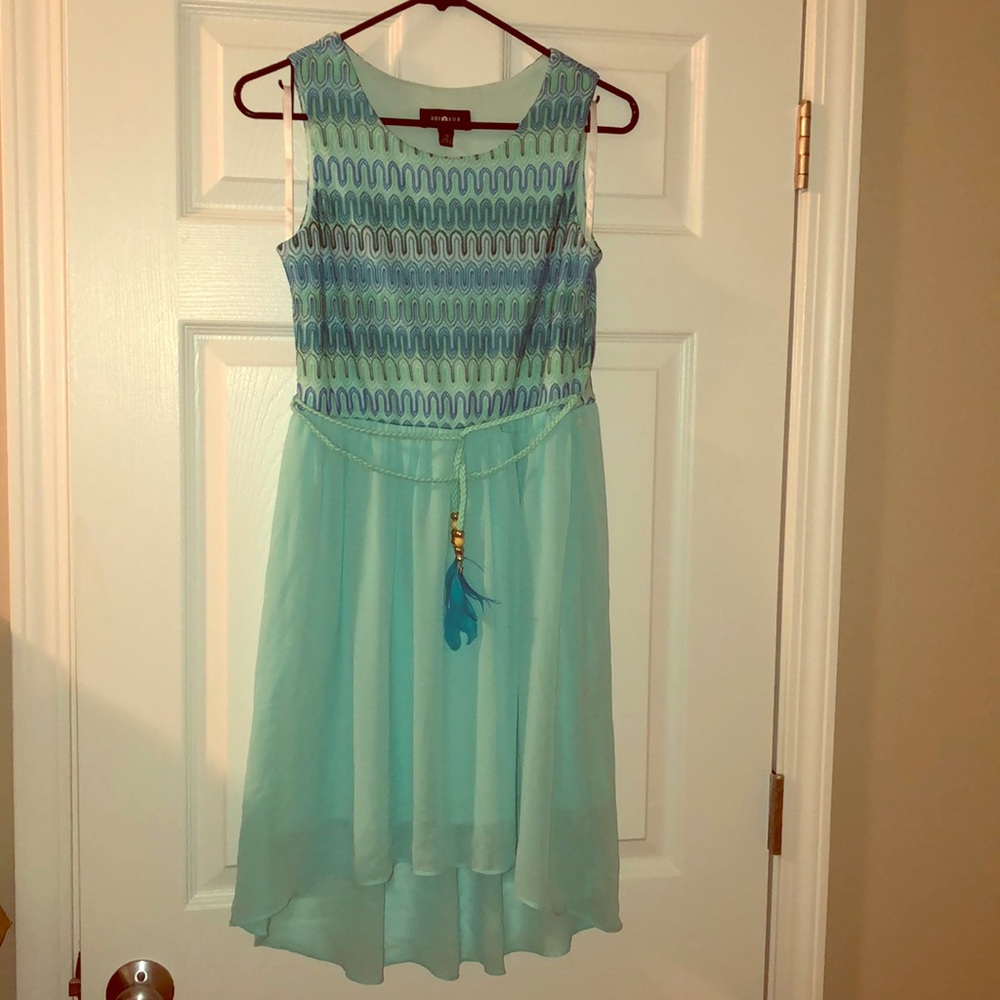 Sea Green & Blue Dress w/ rope feather belt